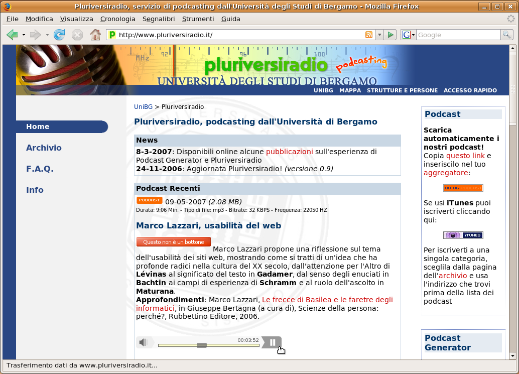 Pluriversiradio website at the University of Bergamo, one of Europe's first educational podcasts, powered by Podcast Generator